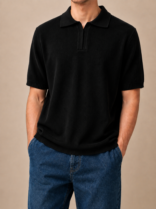 Form Textured Knit Polo – Black