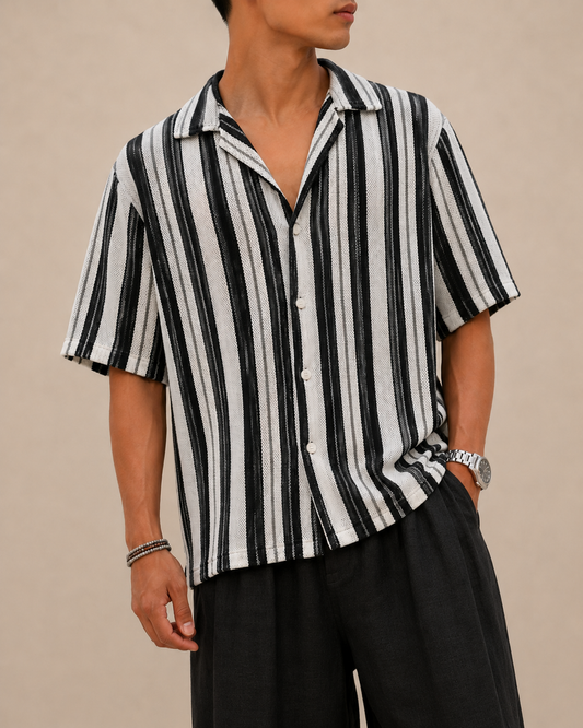 Axis Open-Knit Striped Shirt – Black & White