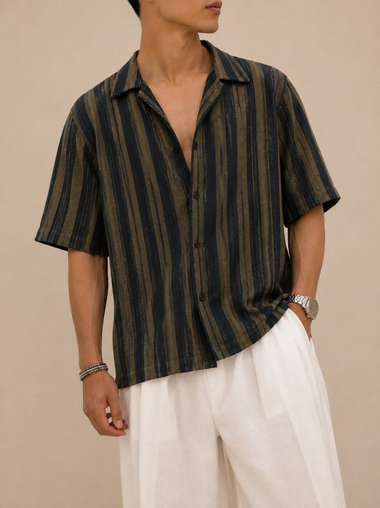 Axis Open-Knit Striped Shirt - Black & Olive
