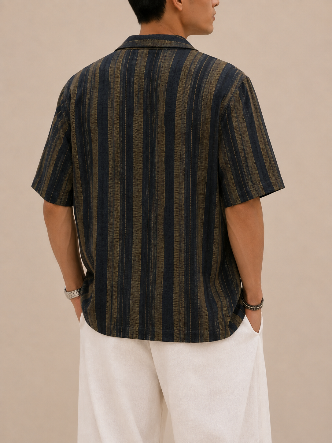 Axis Open-Knit Striped Shirt - Black & Olive