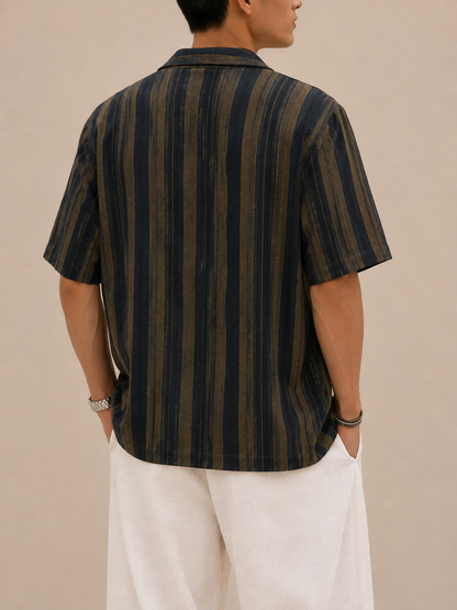 Axis Open-Knit Striped Shirt - Black & Olive